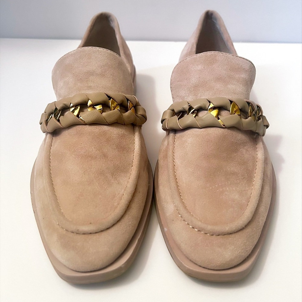 Beige Loafers with Gold Chain Accent
